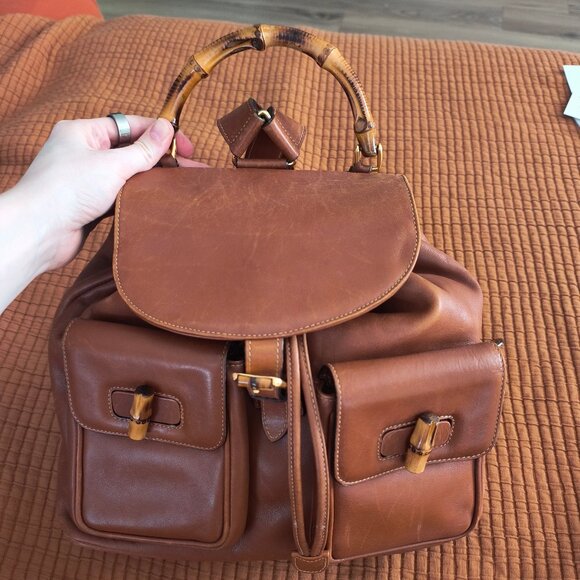 Gucci Leather Bamboo Backpack authentic camel color - Picture 1 of 9